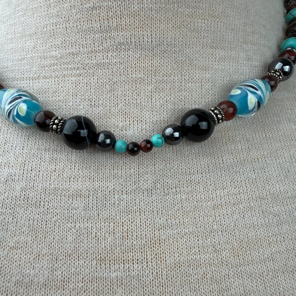 Art Glass, Howlite, Hematite, Tiger's Eye Beaded Necklace 18.5" - Picture 2 of 6